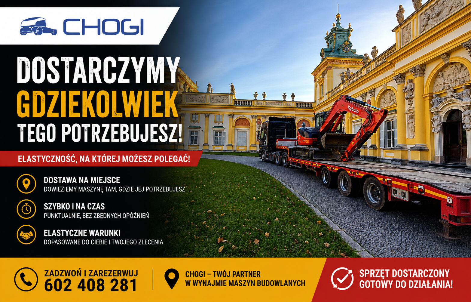 Wynajem maszyn budowlanych z transportem | Dostawa na budowę – CHOGI
